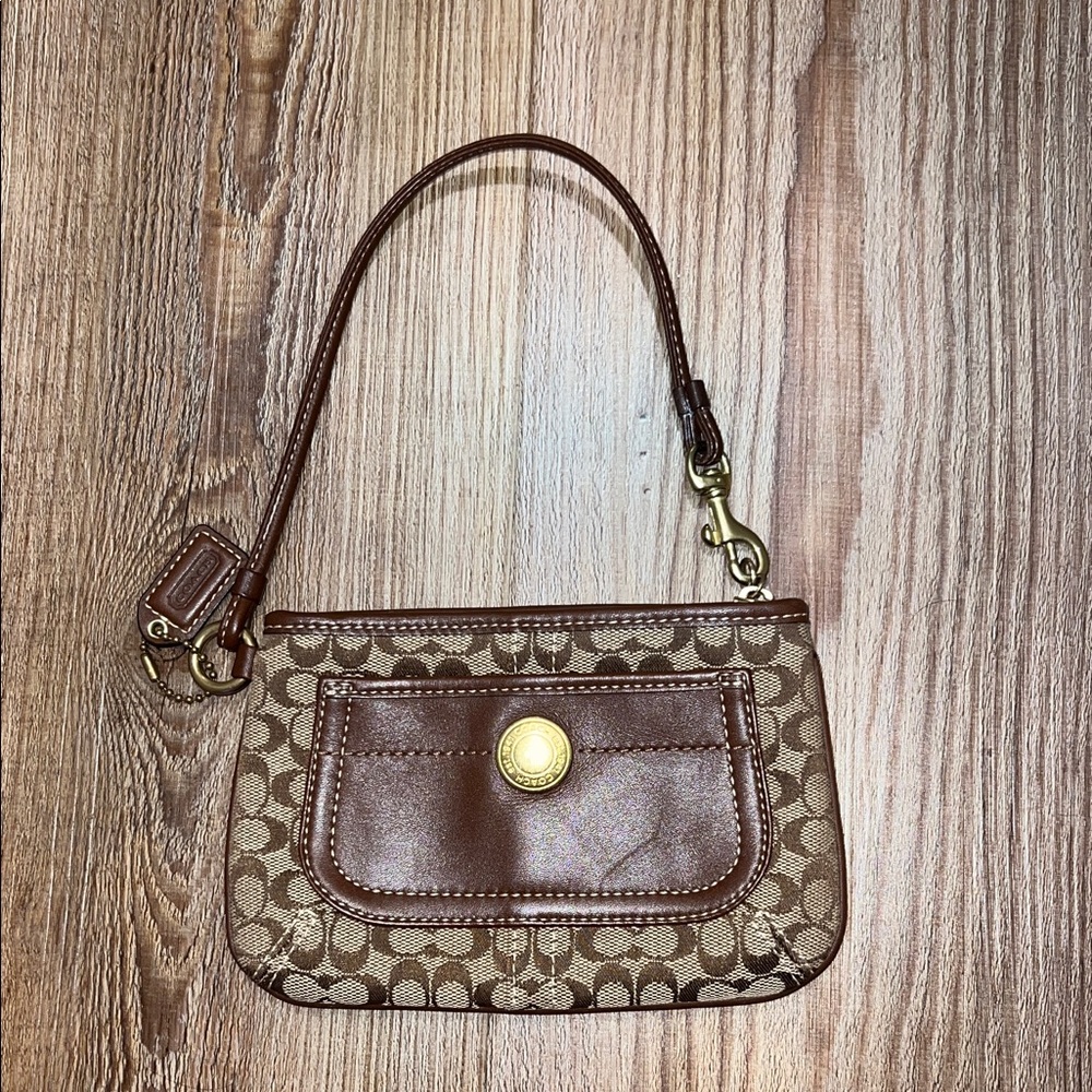 Coach Signature Brown Wristlet | Leather Trim